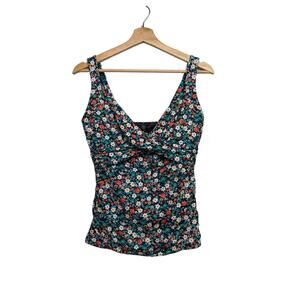 Land's End Women's Swim Top Tankini Wrap V-Neck Floral Underwire Size 6 DDD